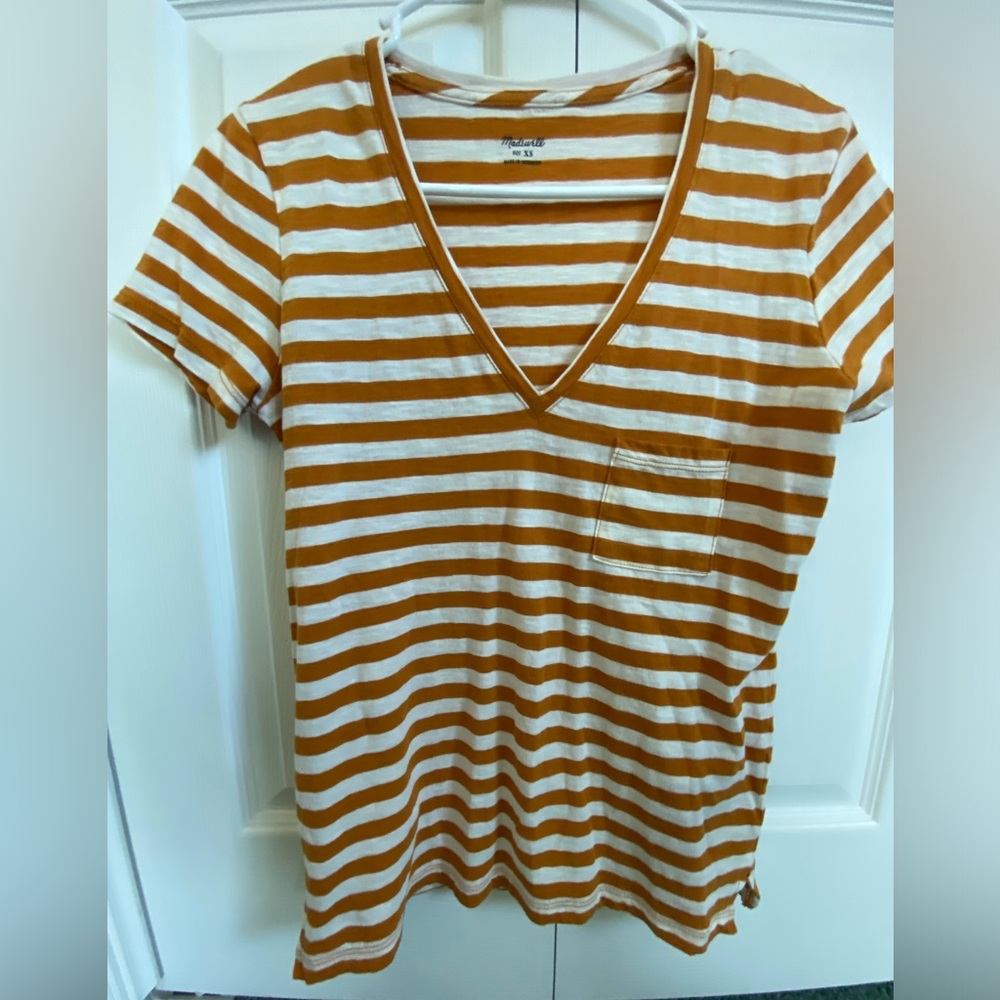 Madewell Orange and White Striped V-Neck Tee